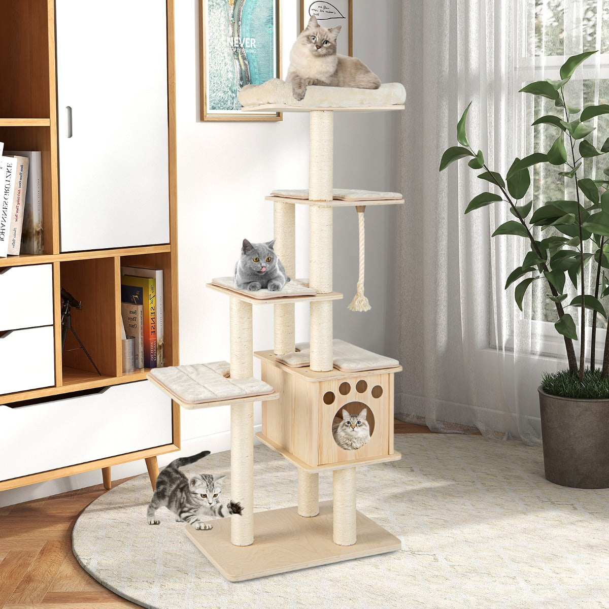 Modern Wooden Cat Tower with Scratching Posts Washable Cushion-0