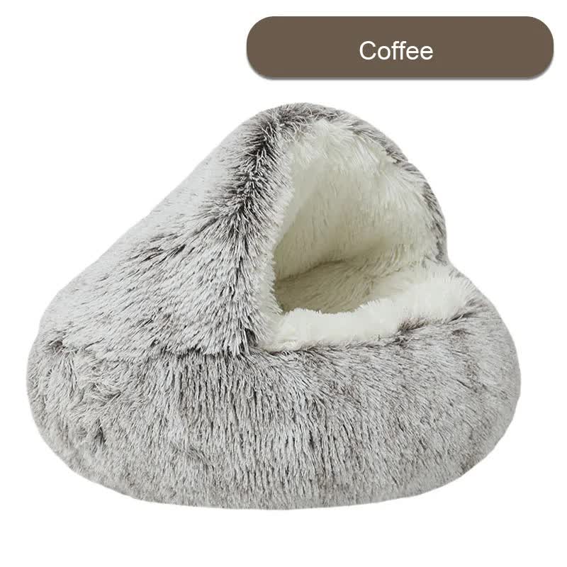 Cozy Coffee Plush Hooded Pet Bed - Ultra Soft Long Fur Cave Bed for Small Pets 40cm-0