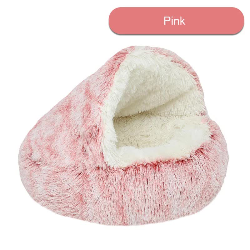 Cozy Pink Plush Hooded Pet Bed - Ultra Soft Long Fur Cave Bed for Small Pets 40cm-0