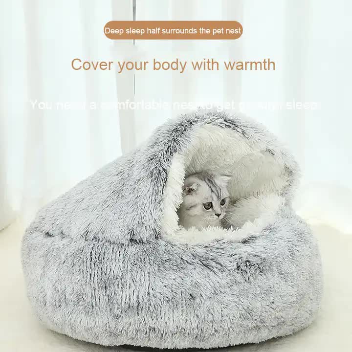Cozy Pink Plush Hooded Pet Bed - Ultra Soft Long Fur Cave Bed for Small Pets 40cm-1