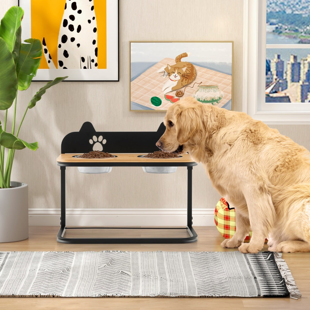 Metal Raised Dog Bowl Stand with 2 Stainless Steel Food Water Bowls for Medium/Large Dogs-0