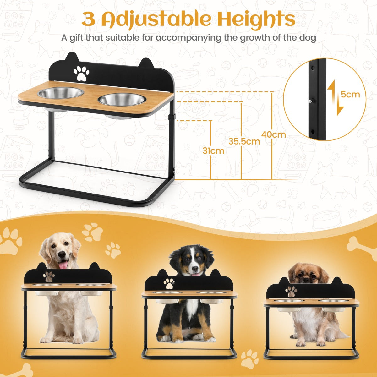 Metal Raised Dog Bowl Stand with 2 Stainless Steel Food Water Bowls for Medium/Large Dogs-2