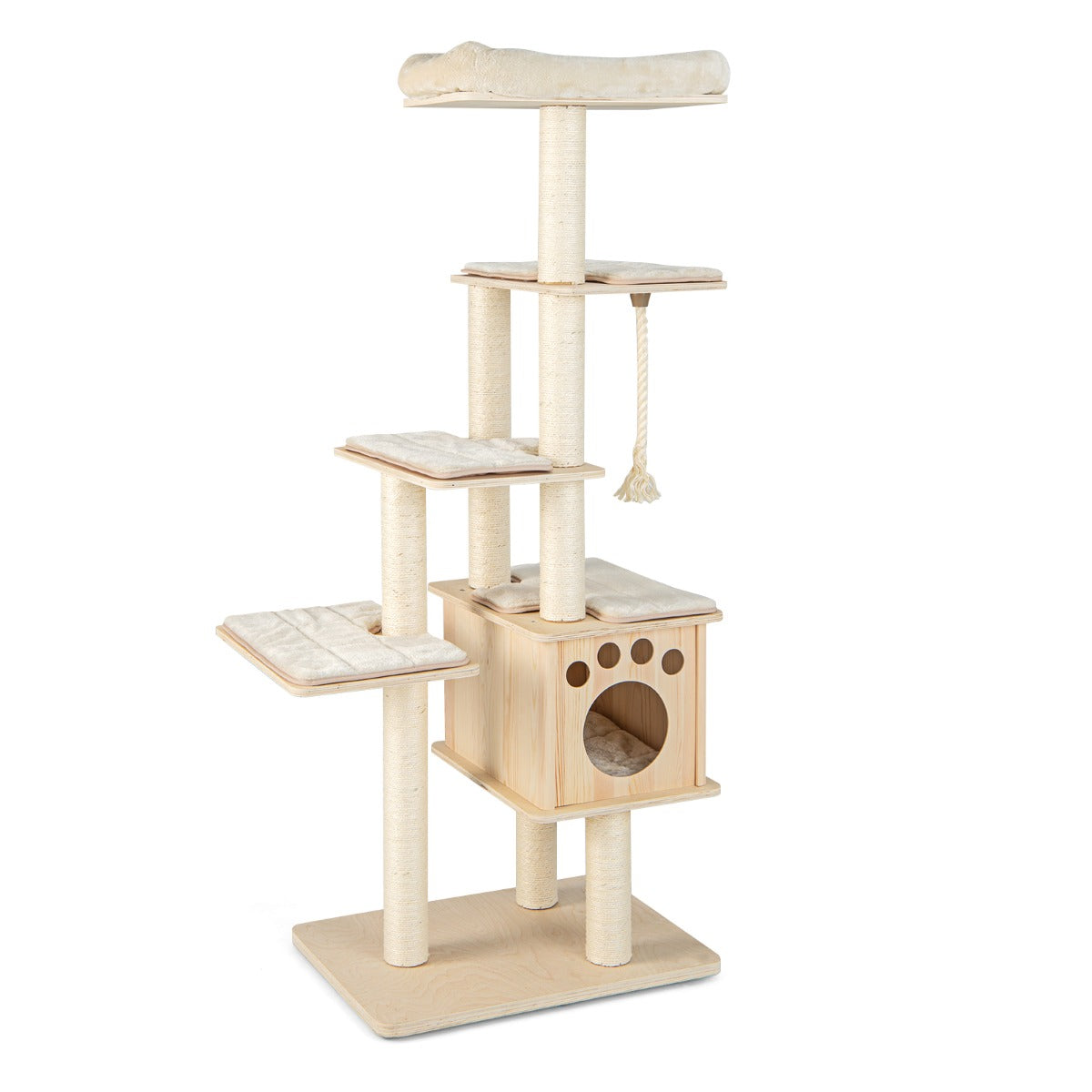 Modern Wooden Cat Tower with Scratching Posts Washable Cushion-1