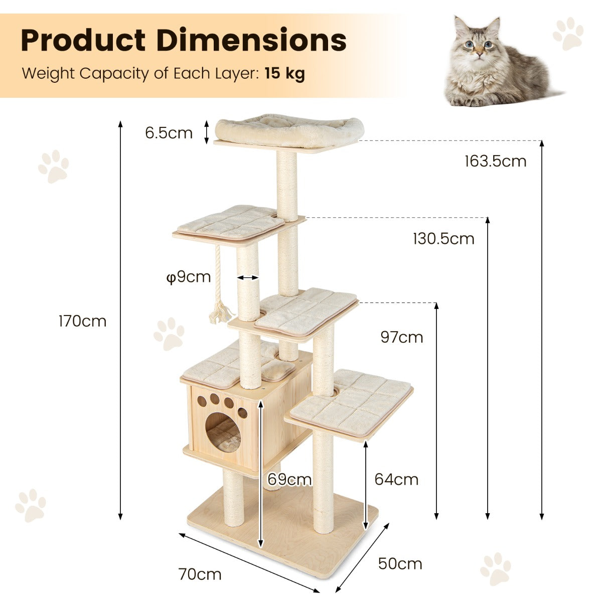 Modern Wooden Cat Tower with Scratching Posts Washable Cushion-3