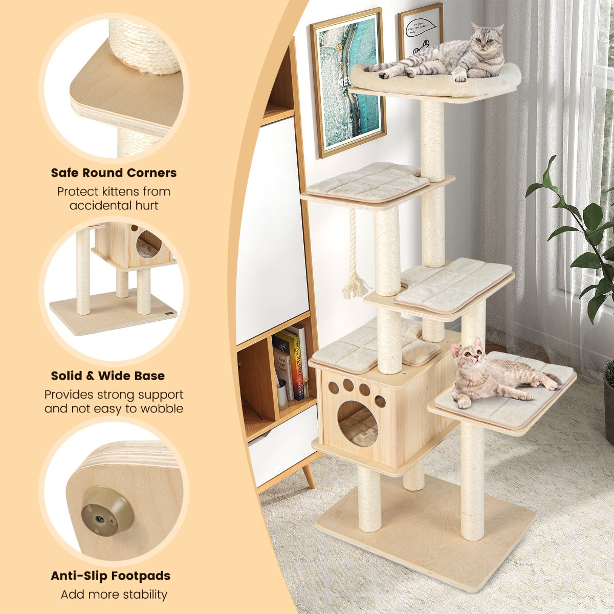 Modern Wooden Cat Tower with Scratching Posts Washable Cushion-2