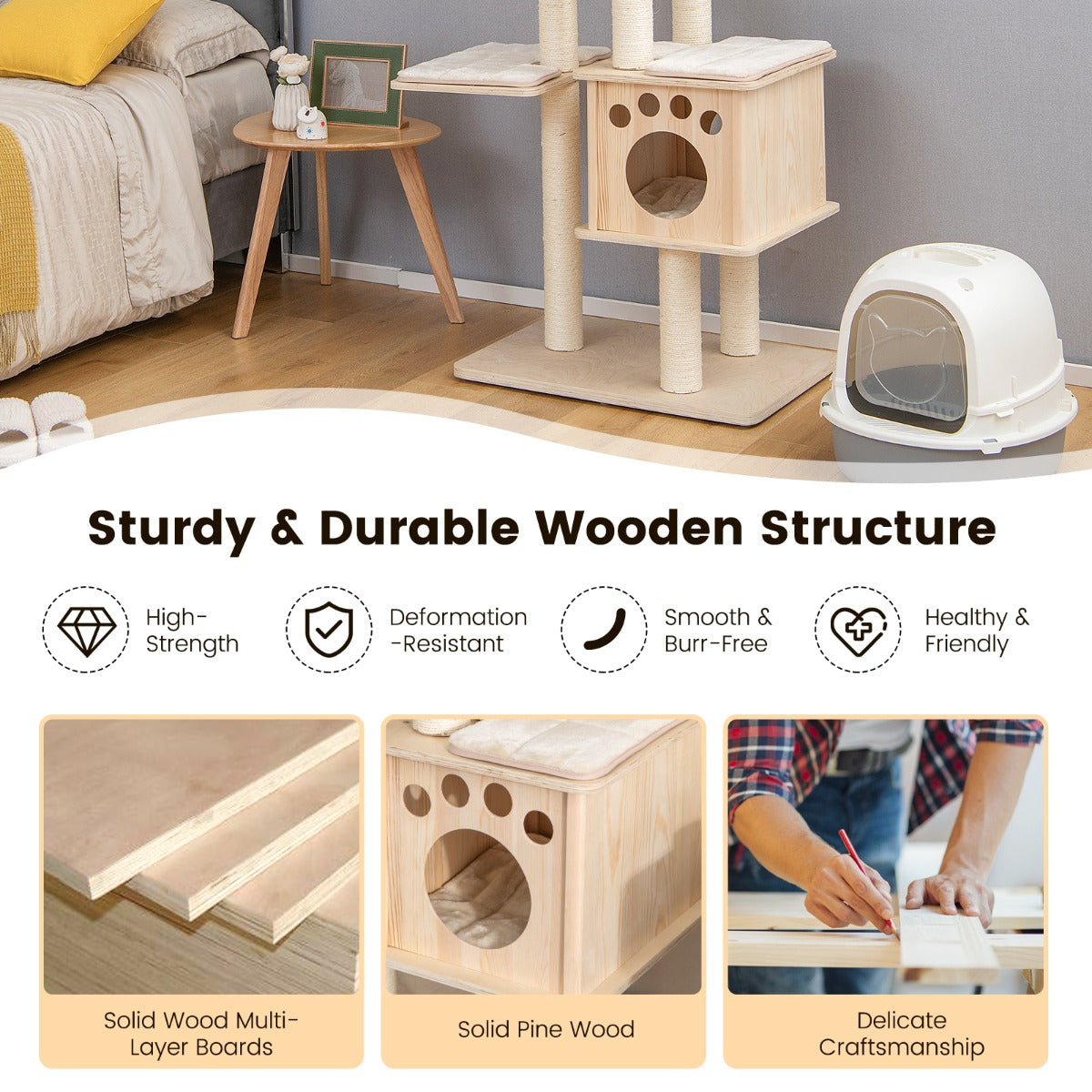 Modern Wooden Cat Tower with Scratching Posts Washable Cushion-4